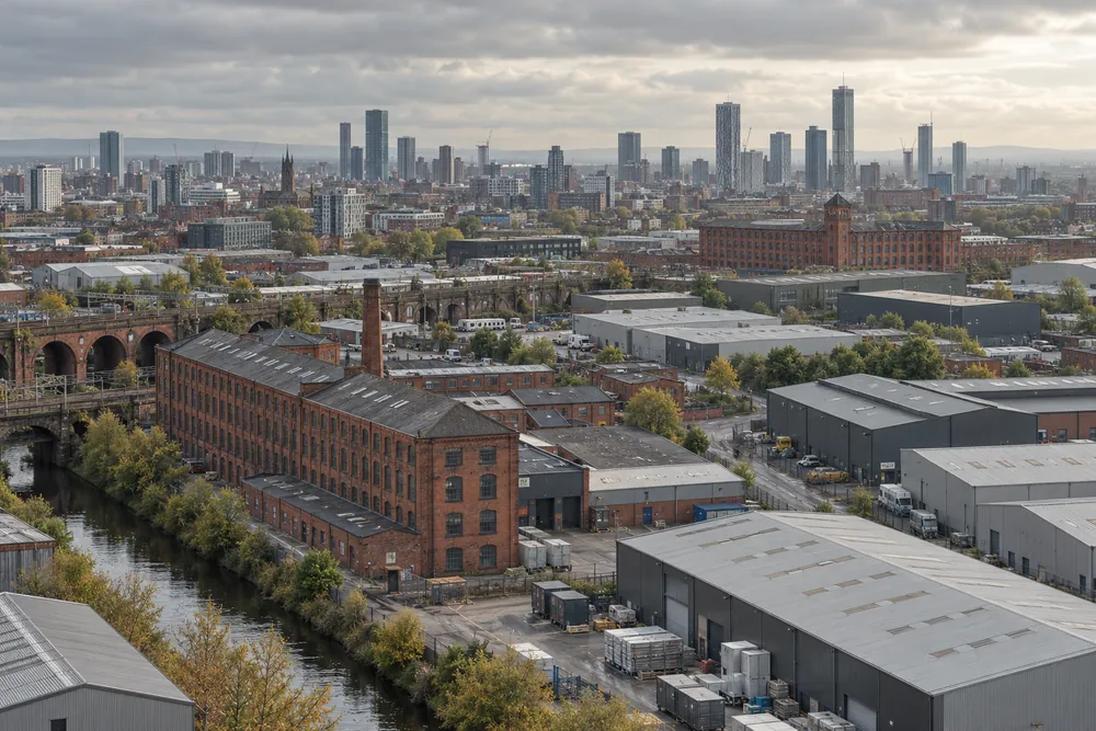 Aerial view of red brick industrial buildings and commercial warehouses
