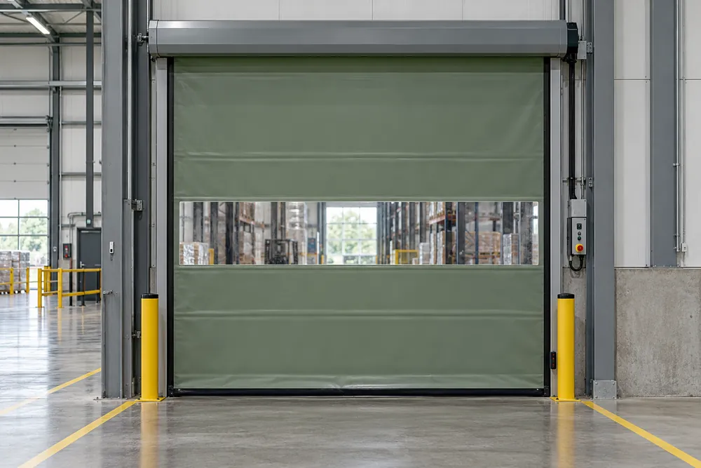Flexible high-speed industrial door separating two warehouse spaces