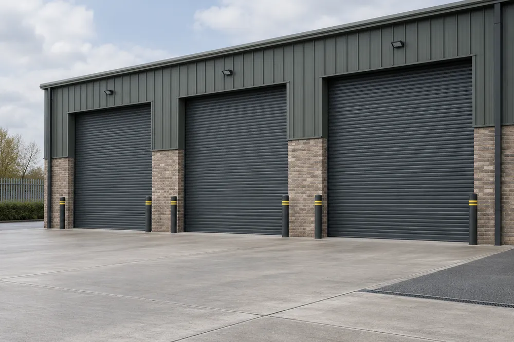 Closed steel roller shutters across a commercial brick warehouse frontage