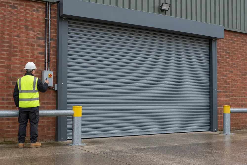 Technician inspecting the controls beside a closed commercial roller shutter